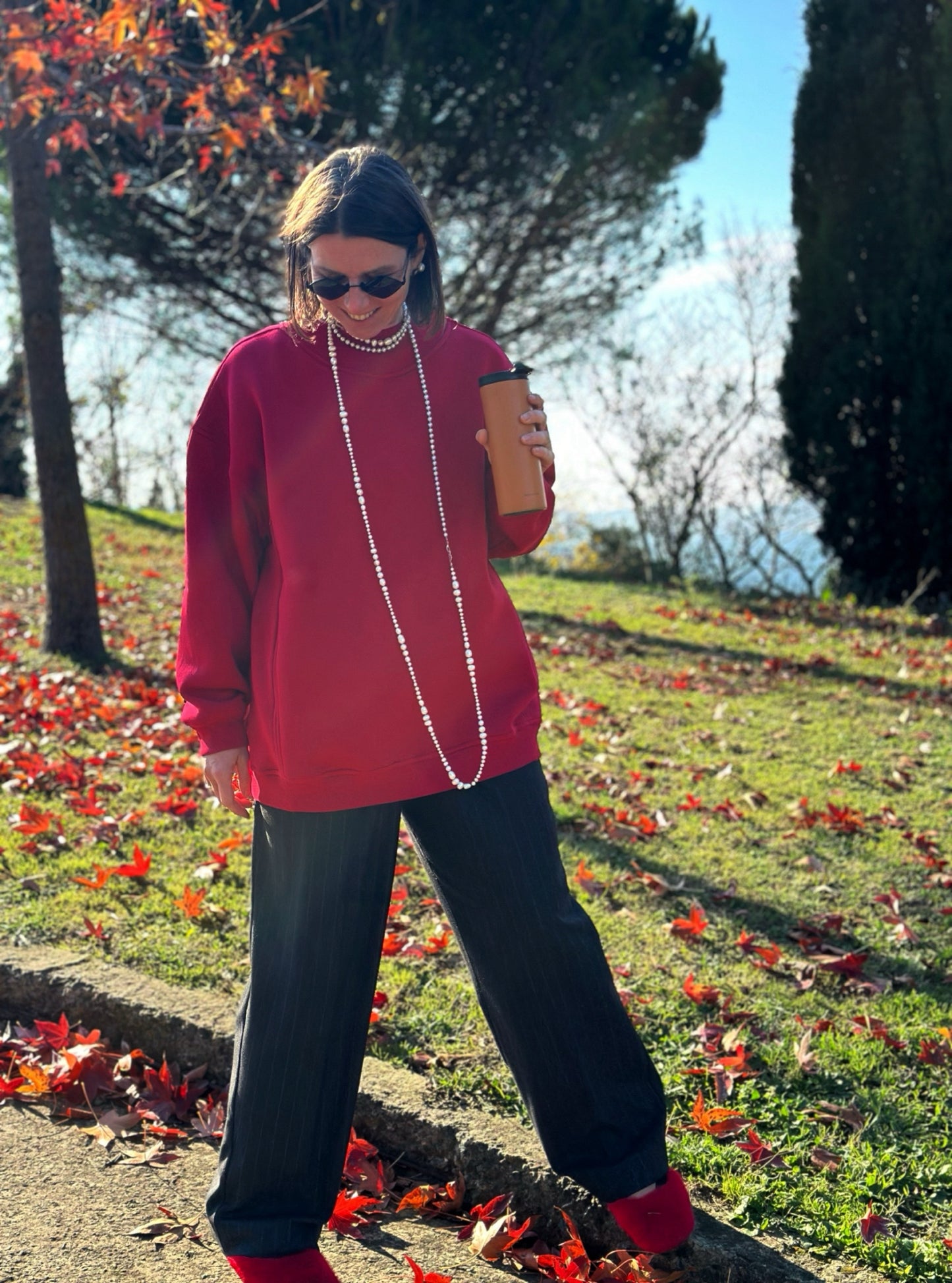 Kiraz - Oversize Emzirme Sweatshirt / Stylish Sweatshirt for Breastfeeding Mothers in Red-Cherry